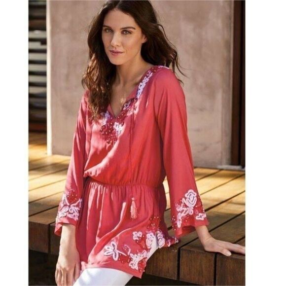 Soft Surroundings Floral Crush Coral Tunic Embroidered Beaded Blouse Small - Picture 3 of 12